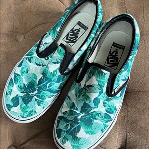 VANS Slip-On Sneakers in Teal and White Tropical Leaf Print